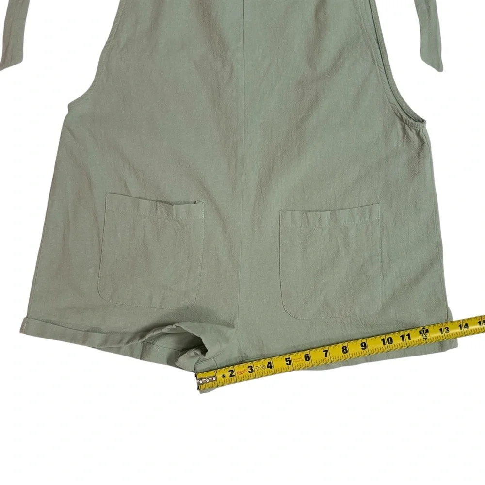 SHEIN Women Cotton Bib Shortalls Romper Sage Green Tie Strap Pockets